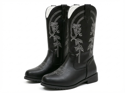 Santiag mi-haute noir Cuir Fille - Broderies florales contrastantes élégantes - three_quarter_view