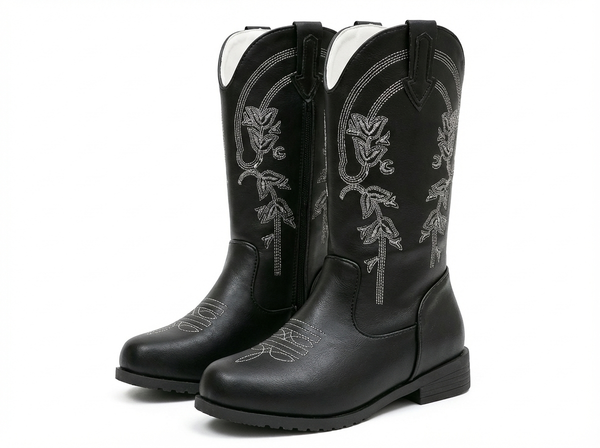 Santiag mi-haute noir Cuir Fille - Broderies florales contrastantes élégantes - three_quarter_view