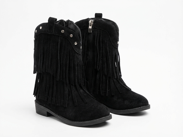 Santiag haute noir Cuir Fille - Franges dynamiques et clous argentés - three_quarter_view