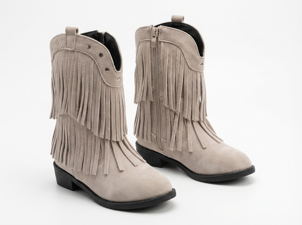 Santiag mi-haute beige Daim Fille - Franges avec clous métallo-western - three_quarter_view