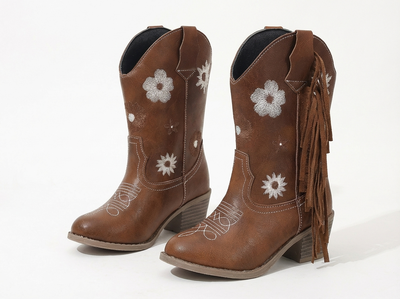 Santiag mi-haute marron Simili Cuir Fille - Broderies florales avec franges élégantes - three_quarter_view