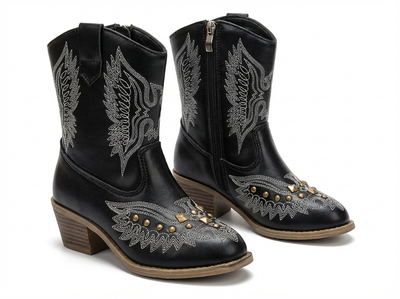 Santiag haute noir Simili Cuir Fille - Broderies ailées et clous dorés - three_quarter_view