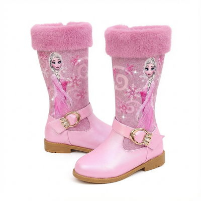 Santiag haute rose Simili Cuir Fille - Bottes roses à broderies et fourrure chic - three_quarter_view