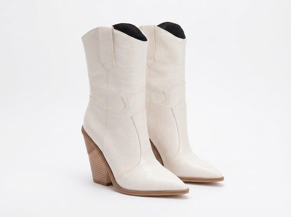 Santiag mi-haute blanc Simili Cuir Femme - Talon carré et bout pointu élégant