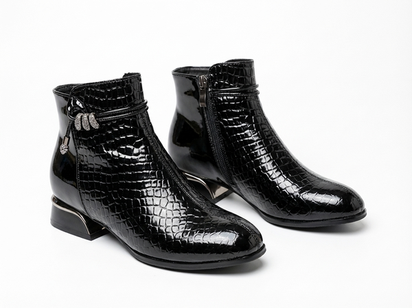 Santiag mi-haute noir Cuir Femme - Nœud papillon féminin et texture crocodile - three_quarter_view