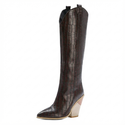 Santiag haute marron foncé Daim Synthétique Femme - Motif crocodile et talon incliné robuste - three_quarter_view