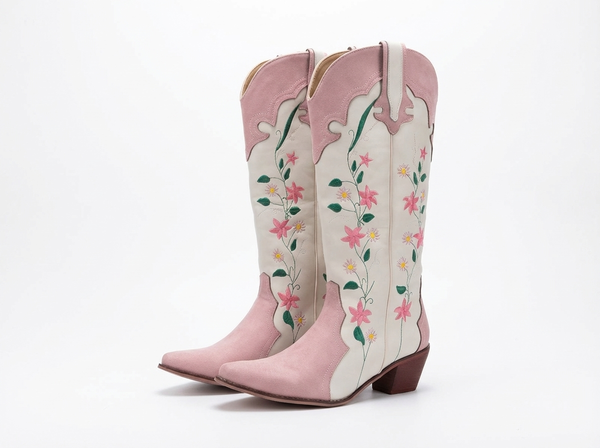 Santiag mi-haute blanc Simili Cuir Femme - Broderies florales vibrantes élégantes