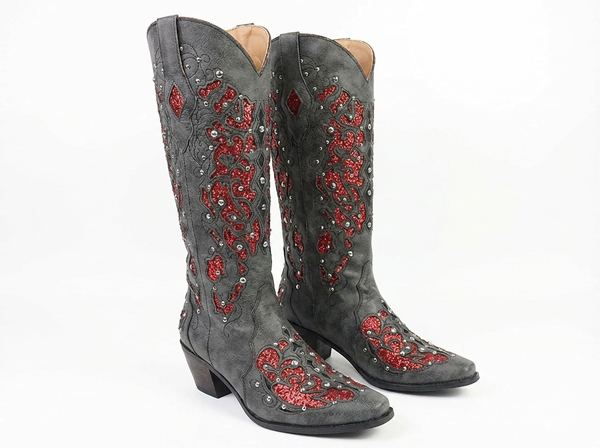 Santiag mi-haute gris Simili Cuir Femme - Broderies florales rouges et perles scintillantes