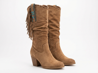 Santiag mi-haute marron clair Daim Femme - Franges longues et turquoise western - three_quarter_view