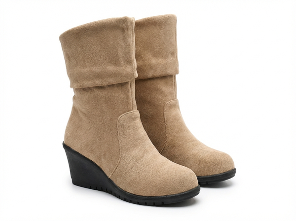 Santiag mi-haute marron clair Daim Femme - Talon compensé noir élégant et repliable - three_quarter_view