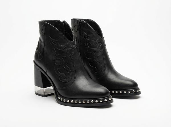 Santiag mi-haute noir Simili Cuir Femme - Broderies western et clous métalliques