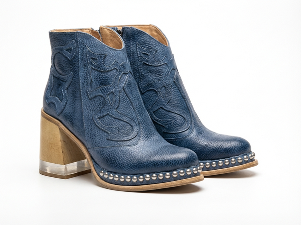 Santiag basse bleu Simili Cuir Femme - Bout arrondi avec talon bloc rustique - three_quarter_view