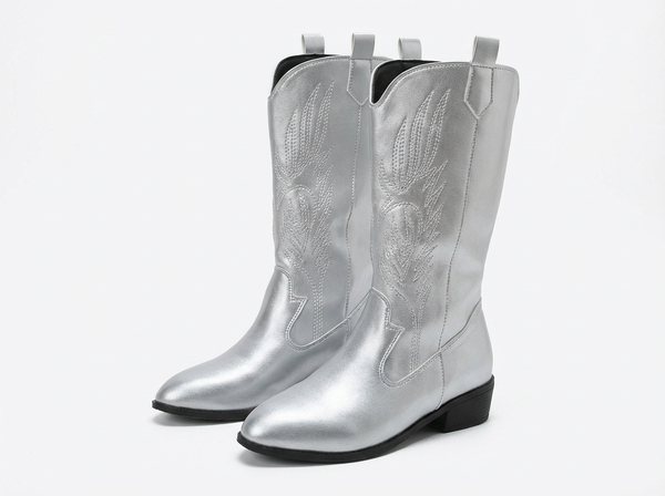 Santiag mi-haute argenté Synthétique Femme - Effet argenté moderne et broderies western