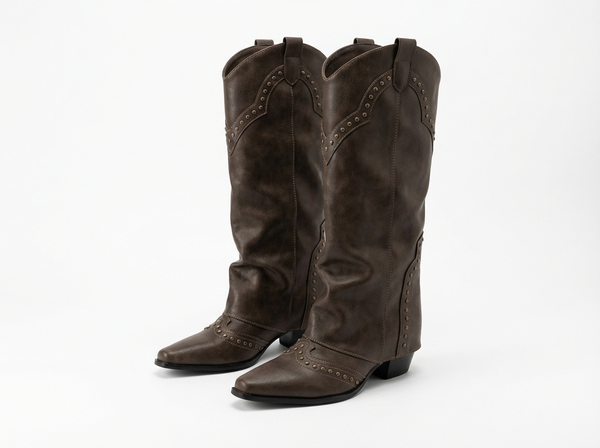 Santiag haute marron foncé Simili Cuir Femme - Clous métalliques géométriques élégants - three_quarter_view