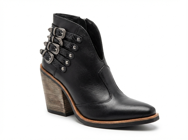 Santiag mi-haute noir Cuir Femme - Motif python et boucles argentées - three_quarter_view