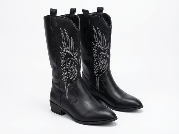 Santiag mi-haute noir Simili Cuir Femme - Broderies plume avec coutures blanches contrastées