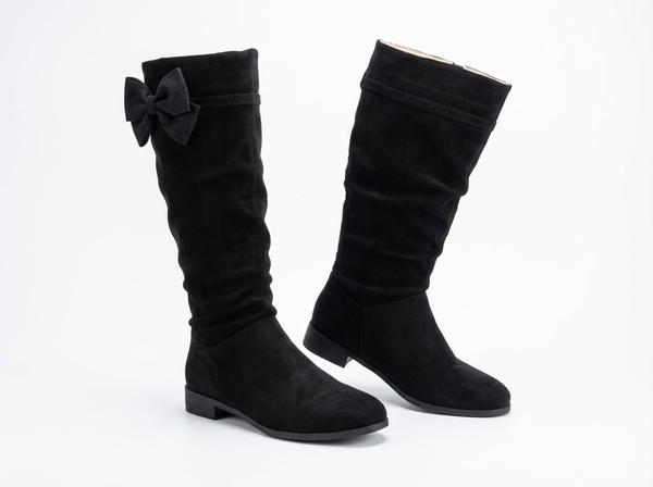 Santiag haute noir Daim Femme - Nœud papillon élégant sur le côté - three_quarter_view