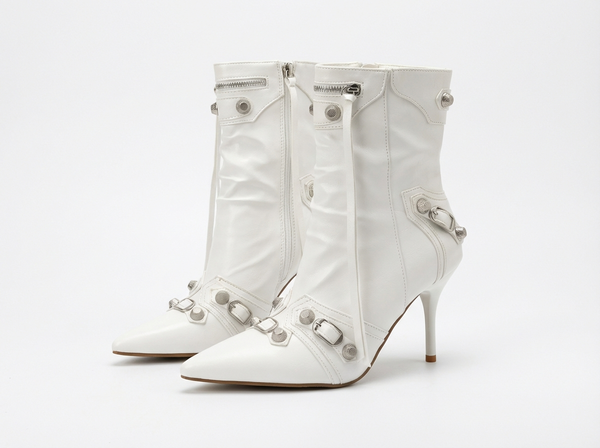 Botte haute blanc Simili Cuir Femme - Santiags blanches avec boucles métalliques élégantes - three_quarter_view