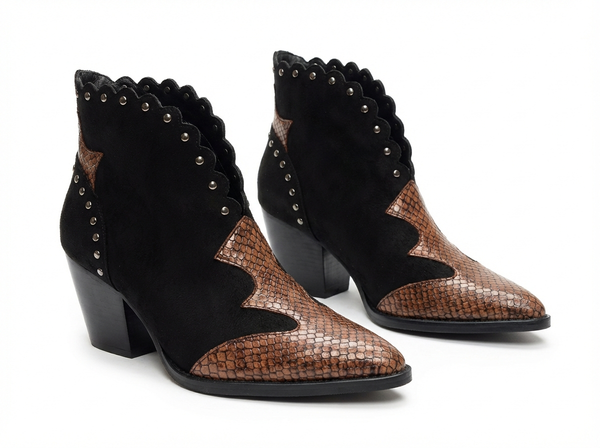 Santiag mi-haute noir Simili Cuir Femme - Motif python et rivets audacieux