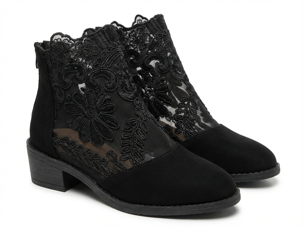 Bottine à talon noir Synthétique Femme - Bottine noire broderies florales élégantes - three_quarter_view