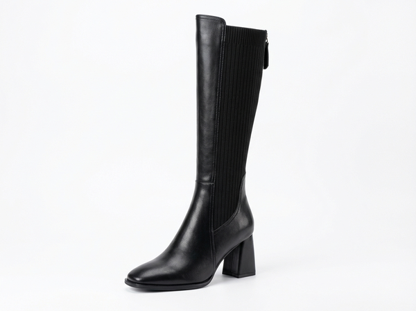 Botte haute noir Simili Cuir Femme - Style western moderne avec talon carré - three_quarter_view