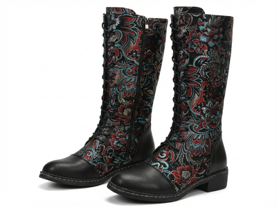 Botte haute multicolore Simili Cuir Femme - Bottes mi-hautes à broderies florales colorées - three_quarter_view