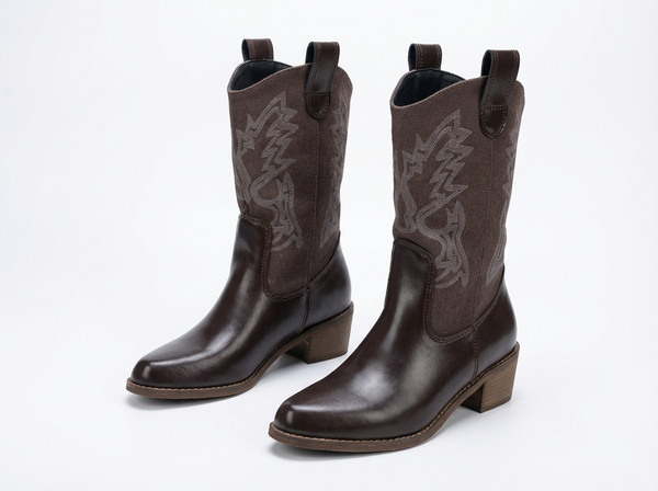 Santiag mi-haute marron Simili Cuir Femme - Broderies western et talons carrés élégants