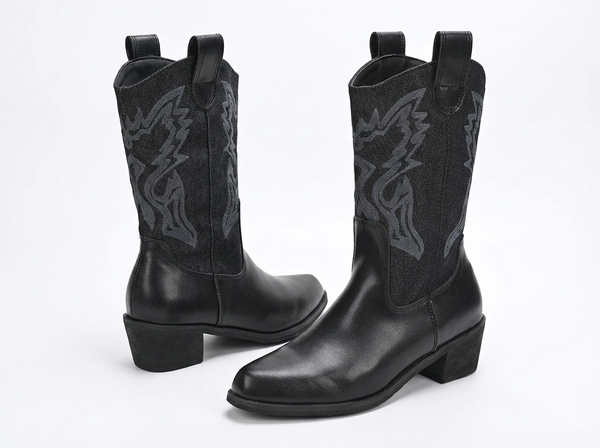 Santiag mi-haute noir Simili Cuir Femme - Broderie élégante et talon carré