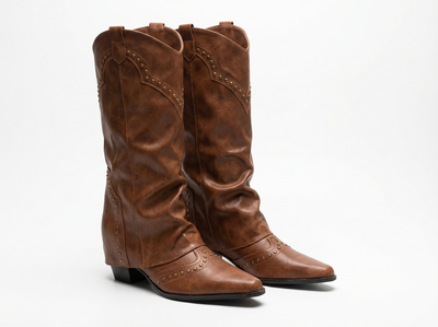 Santiag haute marron Simili Cuir Femme - Bottes western cloutées à bout pointu - three_quarter_view