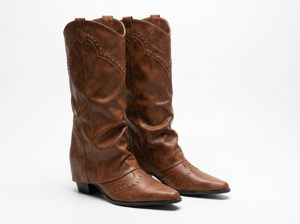 Santiag haute marron Simili Cuir Femme - Bottes western cloutées à bout pointu