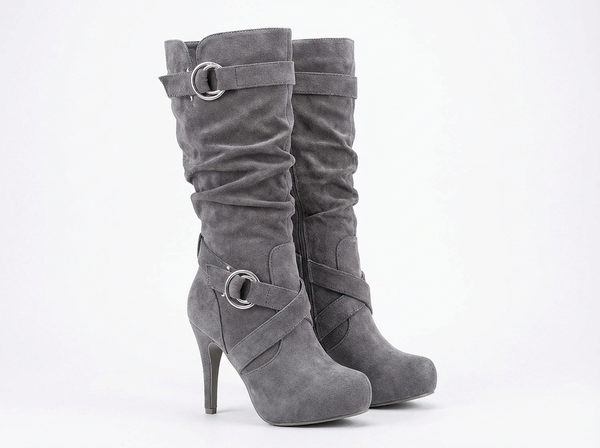 Botte haute gris Daim Femme - Santiags élégantes aux boucles modernes - three_quarter_view