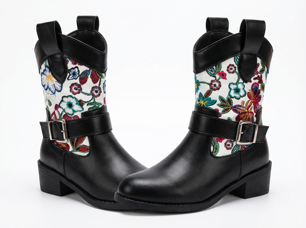 Santiag mi-haute noir Simili Cuir Femme - Broderies colorées et sangle élégante