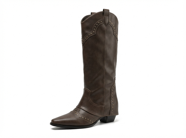Santiag mi-haute marron foncé Simili Cuir Femme - Rivets décoratifs et bout pointu