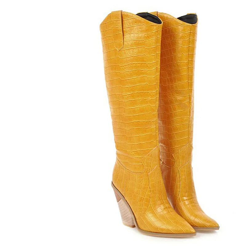 Santiag haute jaune Simili Cuir Femme - Motif crocodile élégant avec talon incliné 2