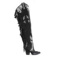 Santiag haute noir Simili Cuir Femme - Bottes brillantes à franges élégantes 4
