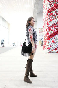 Santiag haute noir Daim Femme - Tige nouée avec fourrure blanche contrastée 1