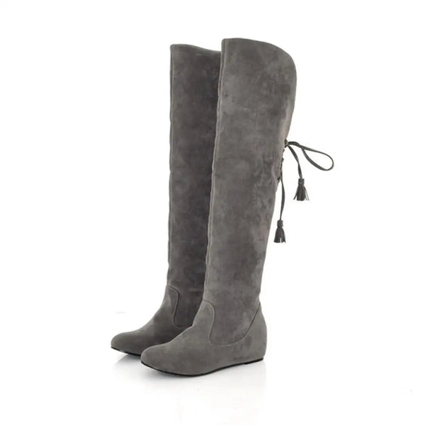 Botte haute gris Daim Femme - Santiags avec lacets arrière à pompons