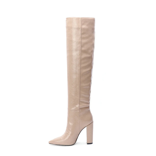 Santiag haute beige Daim Synthétique Femme - Élégantes bottes minimalistes à talon carré