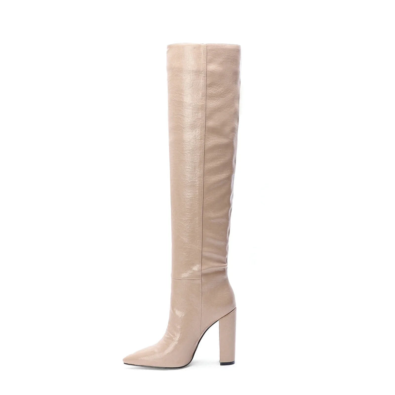 Santiag haute beige Daim Synthétique Femme - Élégantes bottes minimalistes à talon carré