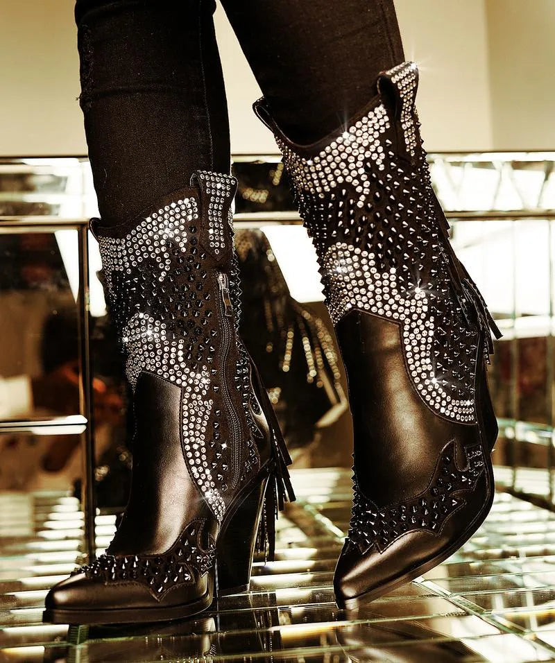Santiag haute noir Simili Cuir Femme - Franges excentriques et clous scintillants 2