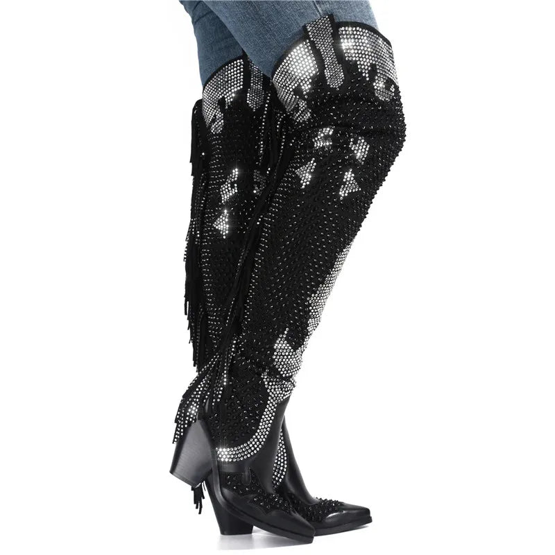 Santiag haute noir Simili Cuir Femme - Bottes brillantes à franges élégantes 5