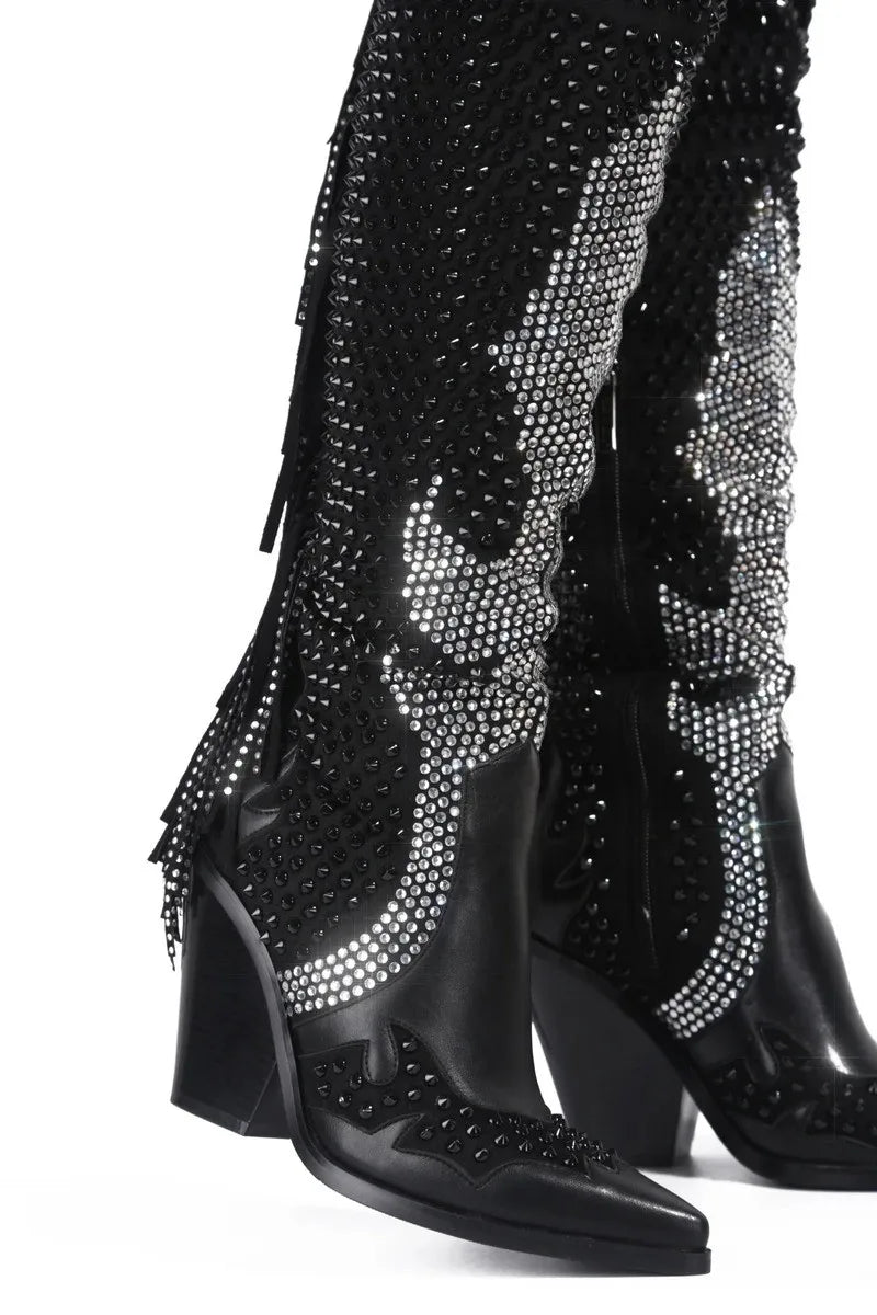 Santiag haute noir Simili Cuir Femme - Bottes brillantes à franges élégantes 4