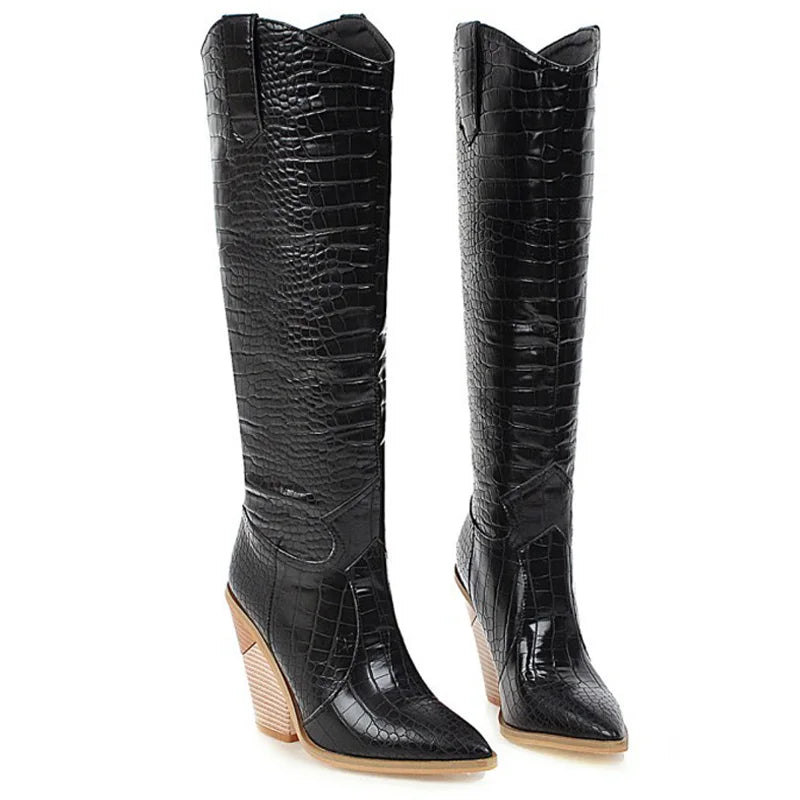 Santiag haute noir Synthétique Femme - Talon clair, motif croco sophistiqué 2