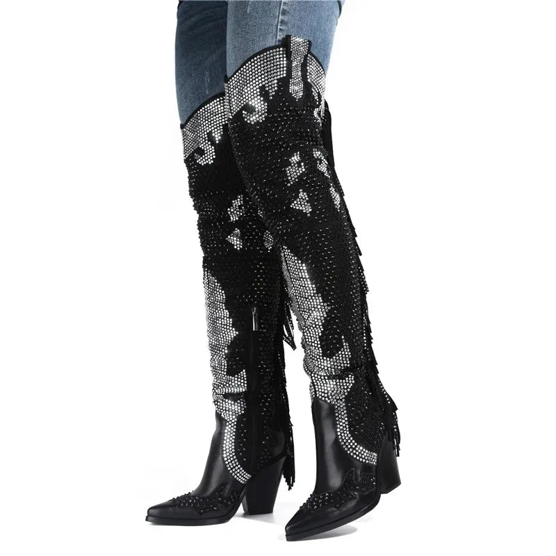 Santiag haute noir Simili Cuir Femme - Bottes brillantes à franges élégantes 3