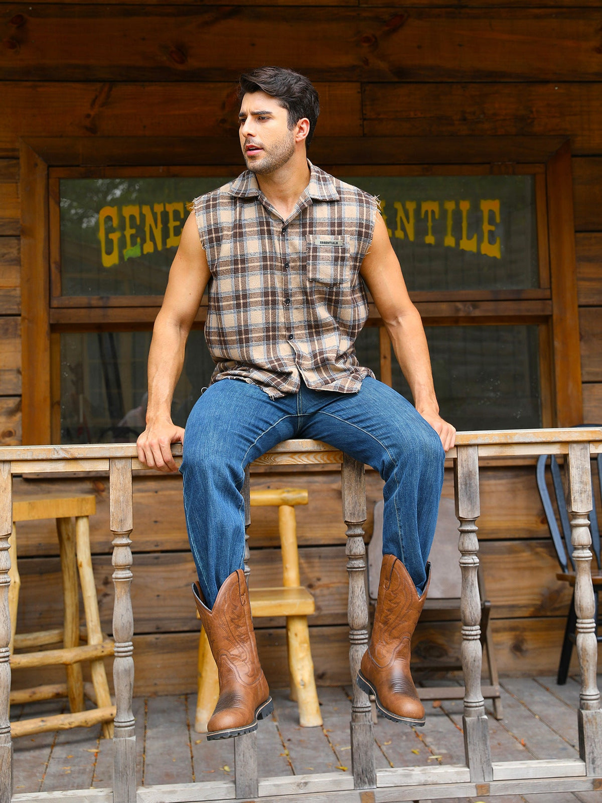 Santiag mi-haute marron Simili Cuir Homme - Coutures décoratives et semelle crantée 7