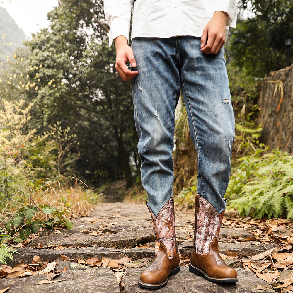 Santiag mi-haute marron Synthétique Homme - Camouflage automnal à coutures discrètes 7