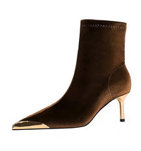 Santiag mi-haute marron Daim Synthétique Femme - Élégants talons aiguilles dorés 4