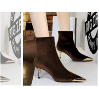 Santiag mi-haute noir Daim Synthétique Femme - Bout pointu doré, talons aiguilles dorés 2