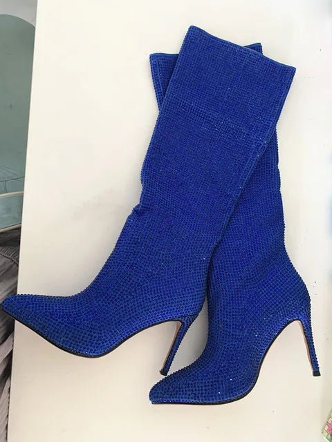 Santiag haute bleu Daim Synthétique Femme - Bleu brillant à talons aiguilles