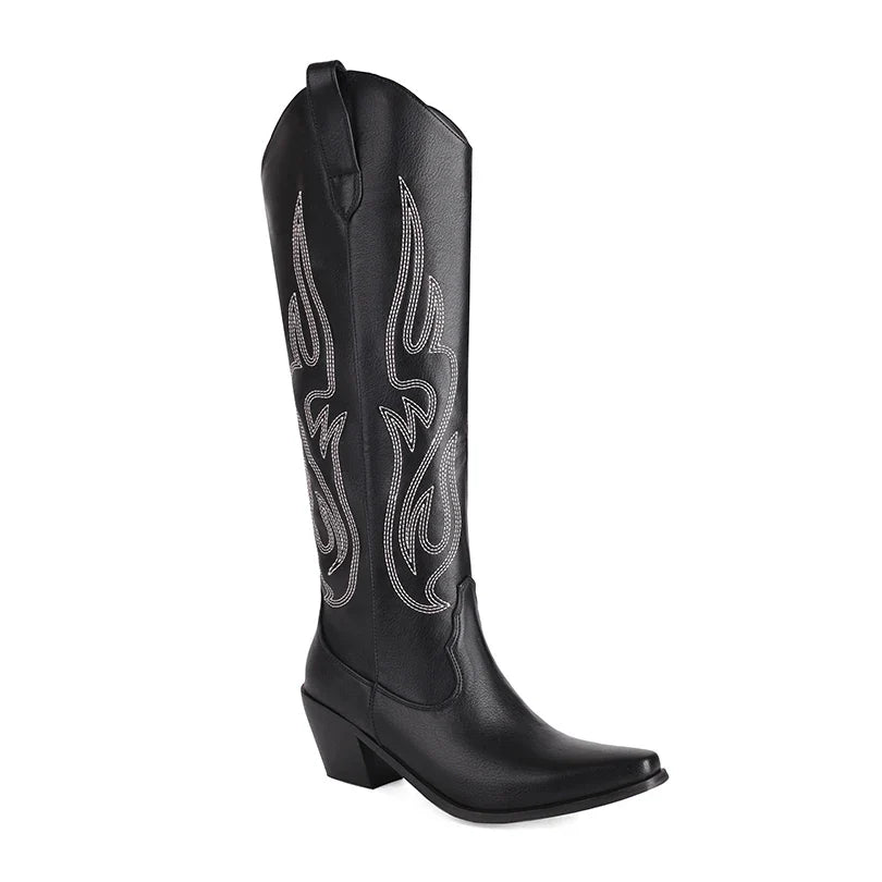 Santiag haute noir Simili Cuir Femme - Broderies géométriques, talon cubain moderne 5